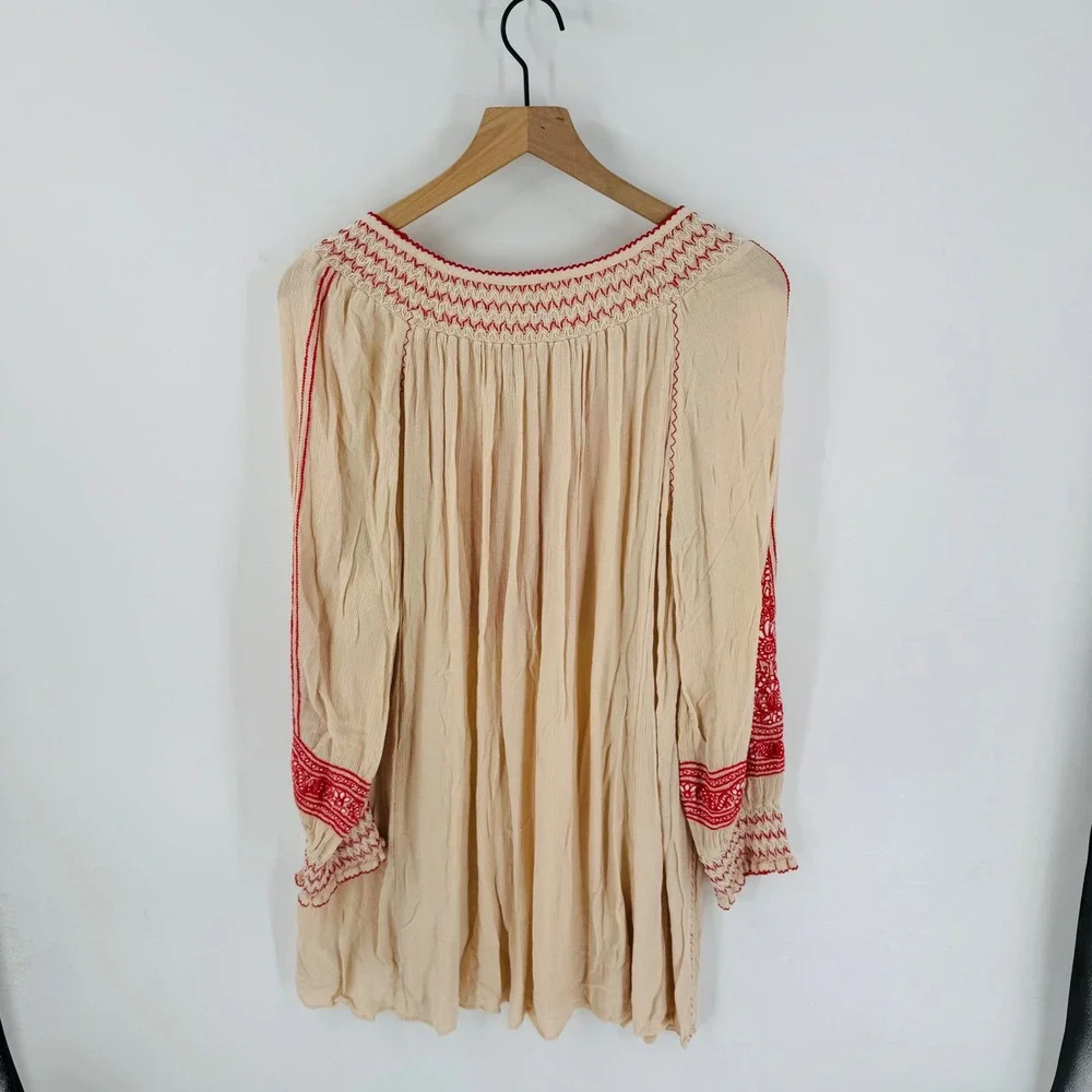 Free People Wind Willow Mini Dress‎ Embroidered Tassel Peasant Cream Red Size M